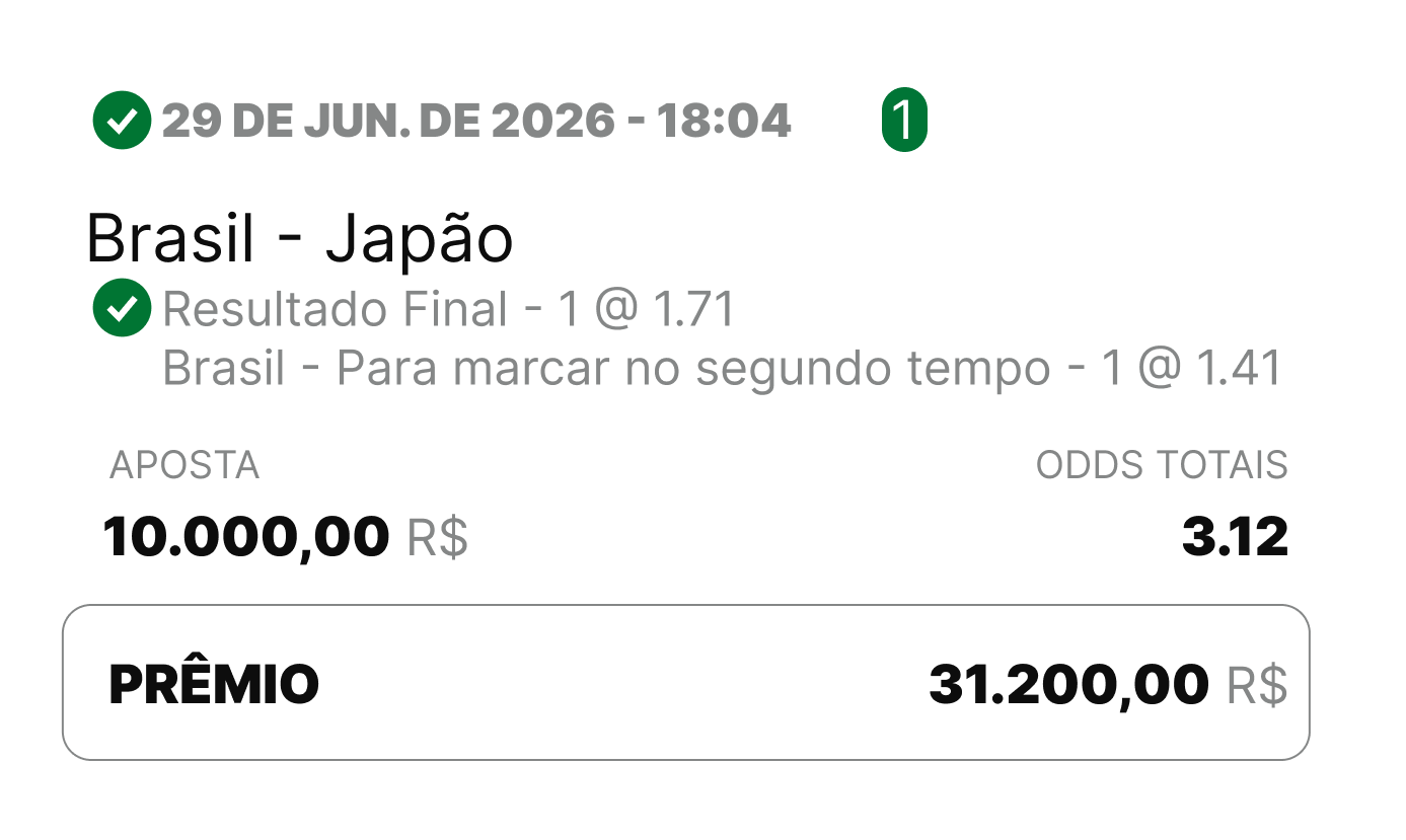 Bilhete premiado: dupla do Brasil x Japão, odd total 3.12, aposta R$ 10.000 e prêmio de R$ 31.200